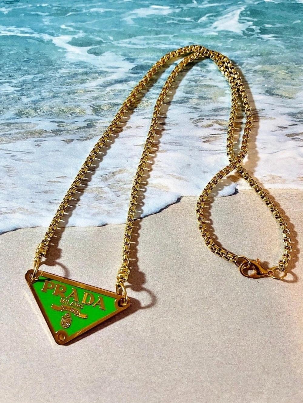 Unbranded Triangle Logo Pendant Necklace in Green & Gold Like New